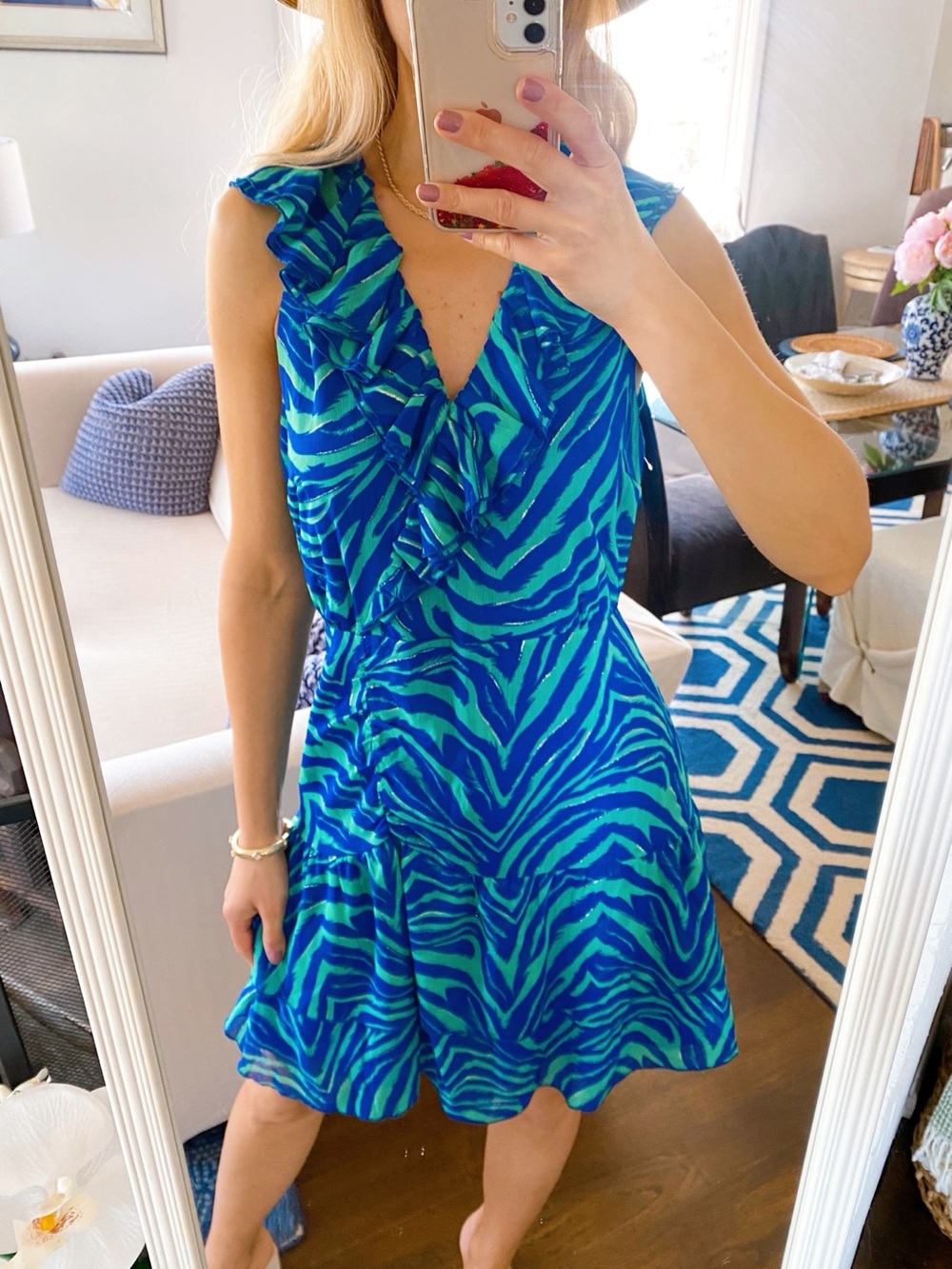 SAME EDELMAN Breezy Zebra Sleeveless Rouched Front Mini Dress in Blue & Mint! 🏝️